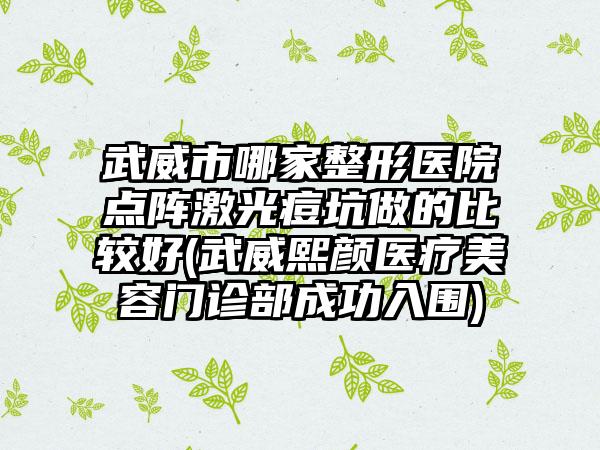 武威市哪家整形医院点阵激光痘坑做的比较好(武威熙颜医疗美容门诊部成功入围)