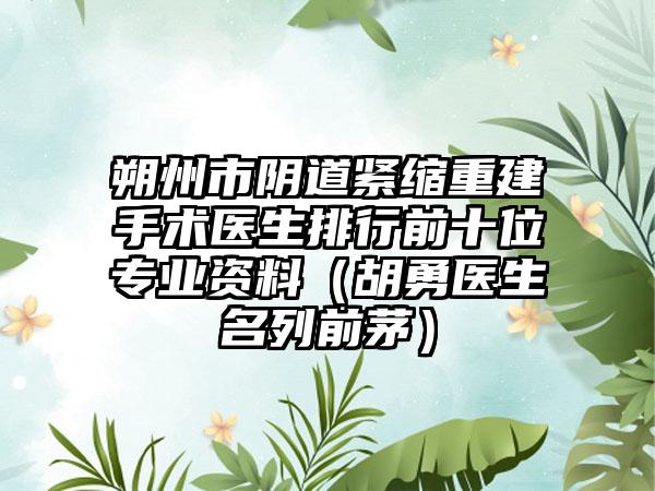 朔州市阴道紧缩重建手术医生排行前十位专业资料（胡勇医生名列前茅）