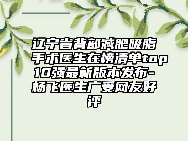 辽宁省背部减肥吸脂手术医生在榜清单top10强最新版本发布-杨飞医生广受网友好评